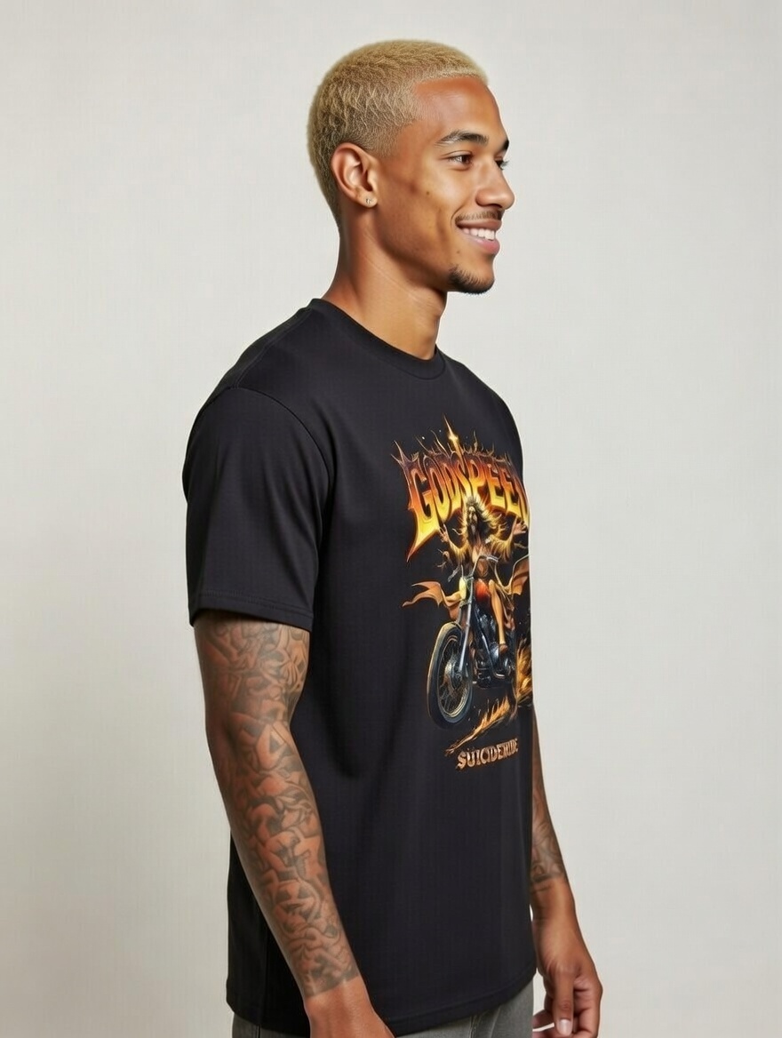 Godspeed Jesus Biker T-Shirt - Heavy Metal Messiah Motorcycle Ride or Die  | SUICIDERIDE™ Biker Graphic Tee
