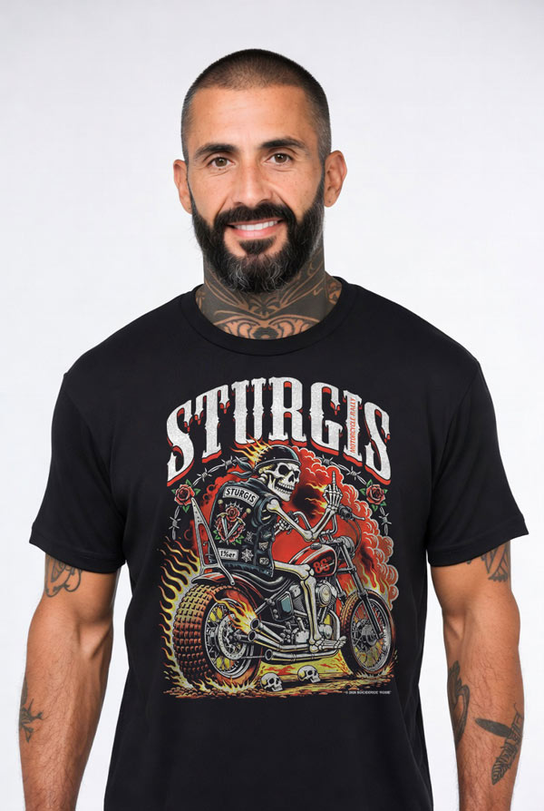 Sturgis Motorcycle Rally 86th Annual 2026 Skeleton Rider Flames T-Shirt - Black Biker Grim Reaper Rally Gear | SUICIDERIDE™ Biker Graphic Tee "ROSIE"