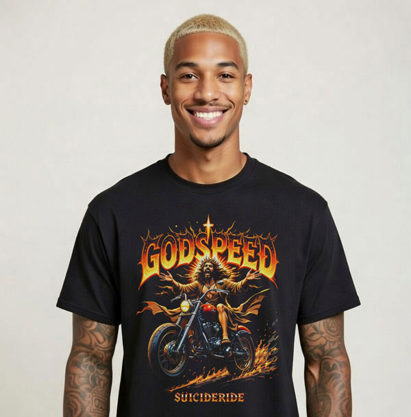 Godspeed Jesus Biker T-Shirt - Heavy Metal Messiah Motorcycle Ride or Die | SUICIDERIDE™ Biker Graphic Tee