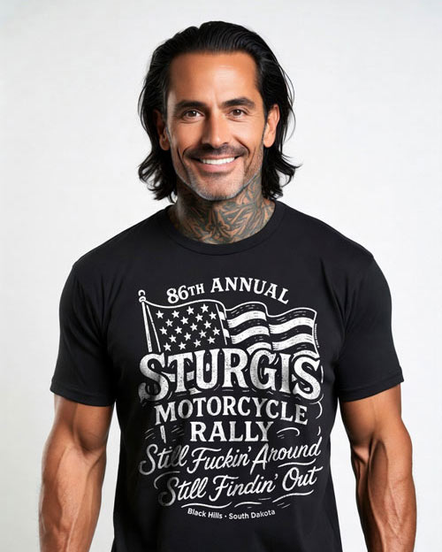 86th Sturgis Motorcycle Rally Black T-Shirt – Biker Badass | SUICIDERIDE™ Biker Graphic Tee "Still Fuckin' Around Still Findin' Out"