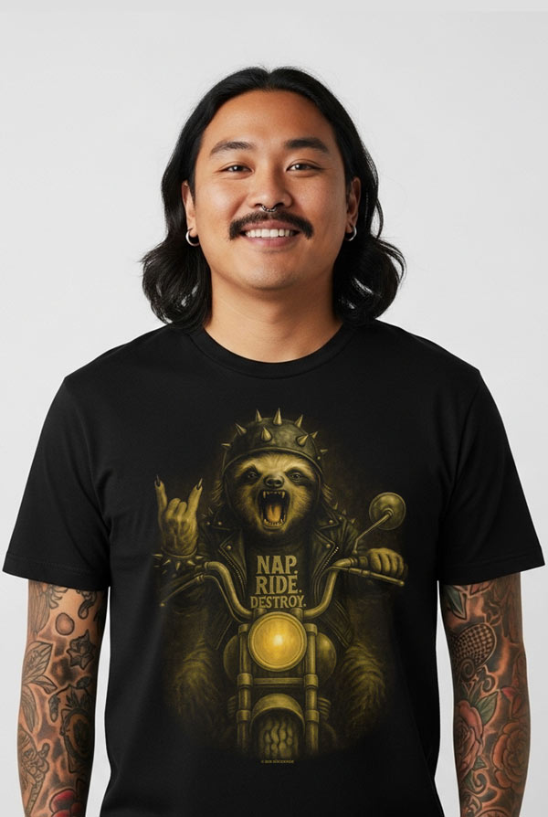 Biker Sloth Motorcycle T-Shirt – Savage Slow-Motion  | SUICIDERIDE™ Graphic Nap Ride Destroy Tee