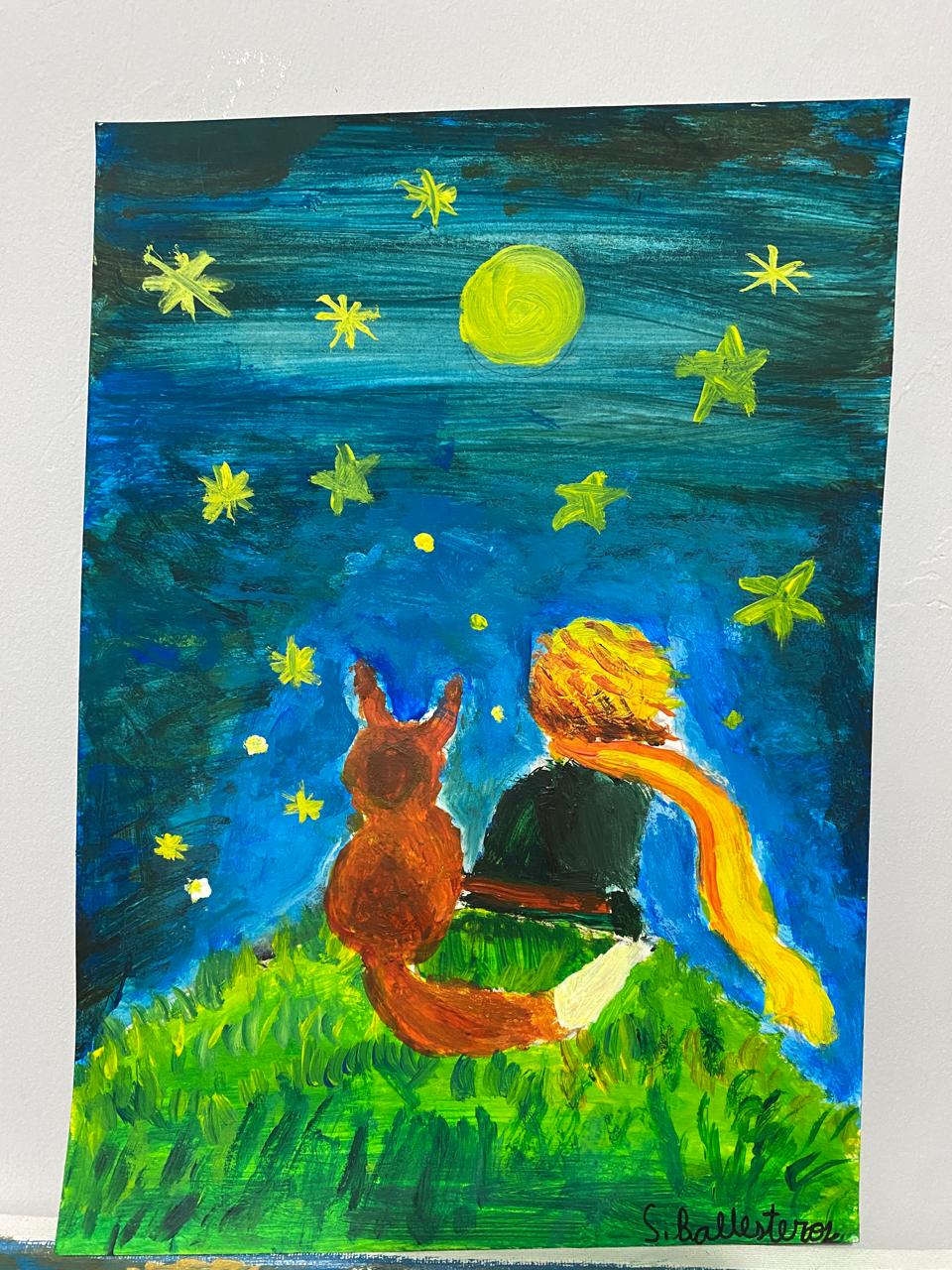 El principito  con su zorro viendo las estrellas