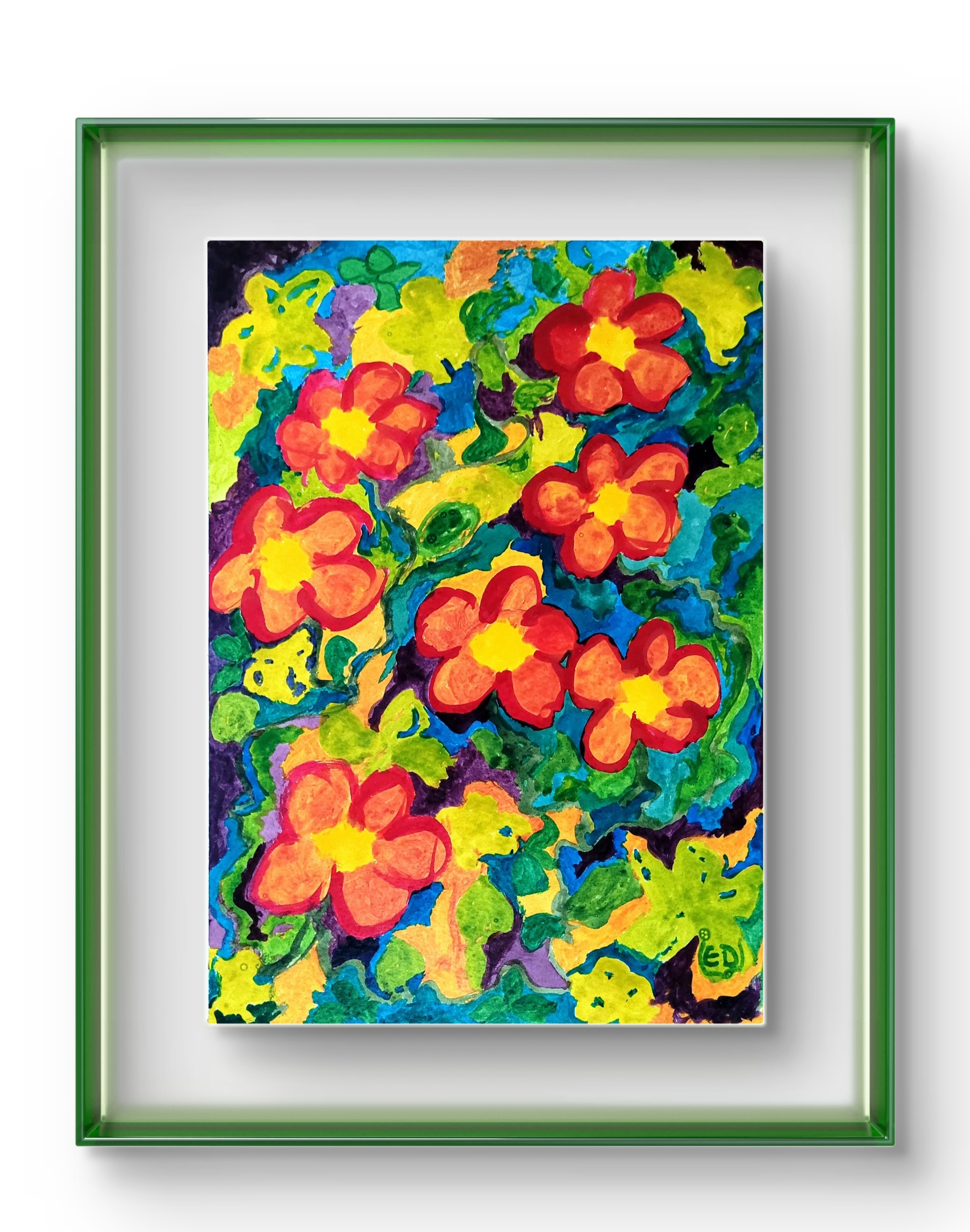 Sept fleurs rouges, encre de couleur acrylique sur papier aquarelle, Eveline David-Valette