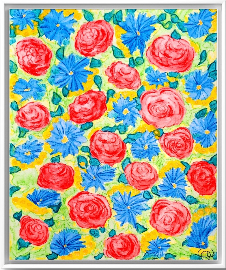 Roses rouges et fleurs bleues, dessin aquarellé contemporain, Eveline David-Valette