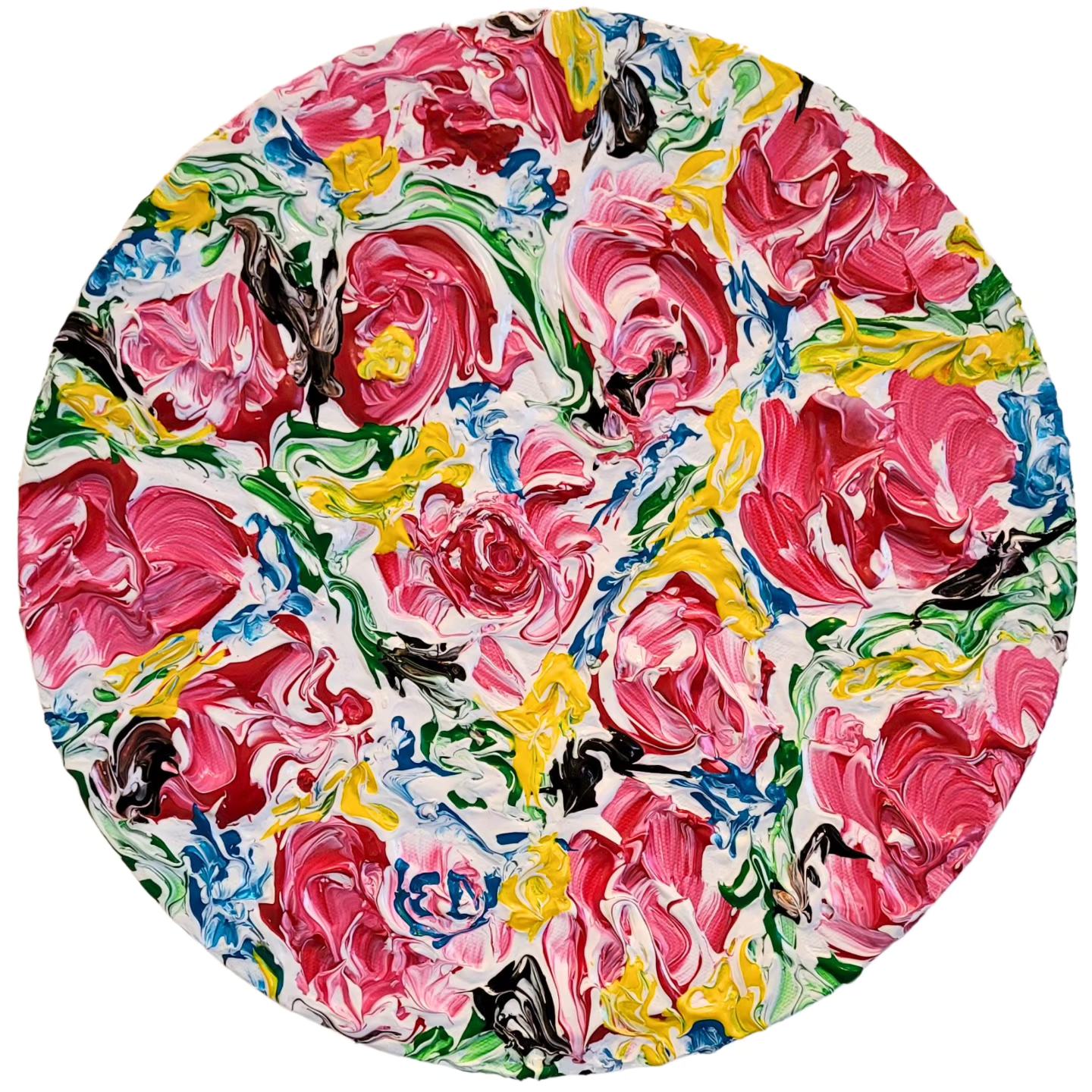 Roses n°3, format rond, diamètre 30 cm, peinture contemporaine, Eveline David-Valette
