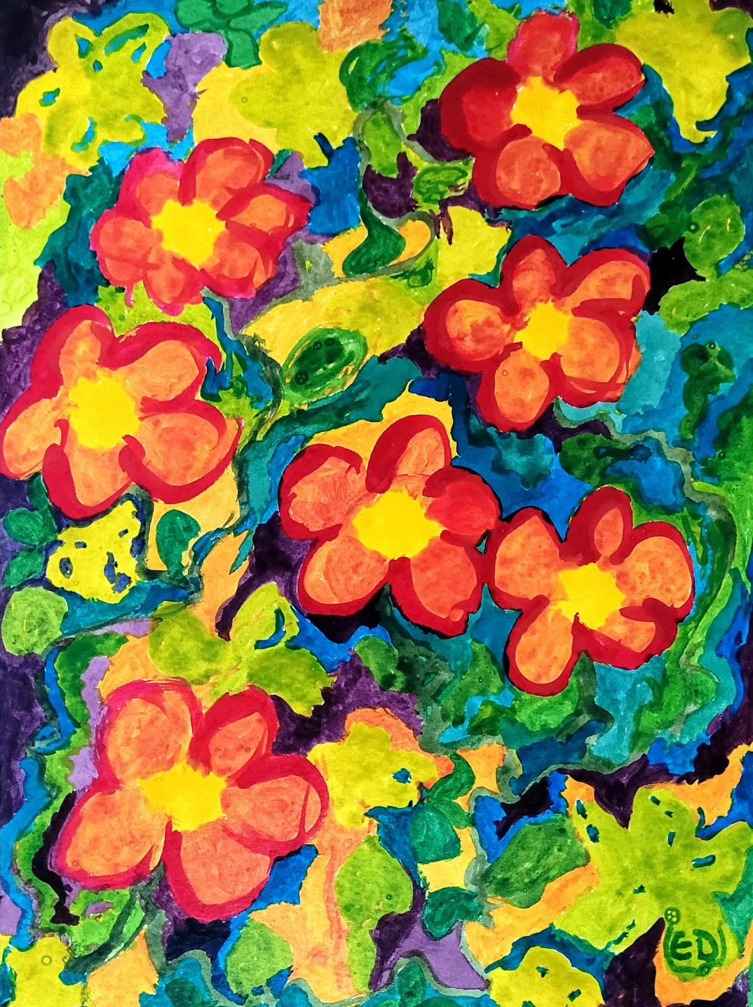 Sept fleurs rouges, encre de couleur acrylique sur papier aquarelle, Eveline David-Valette