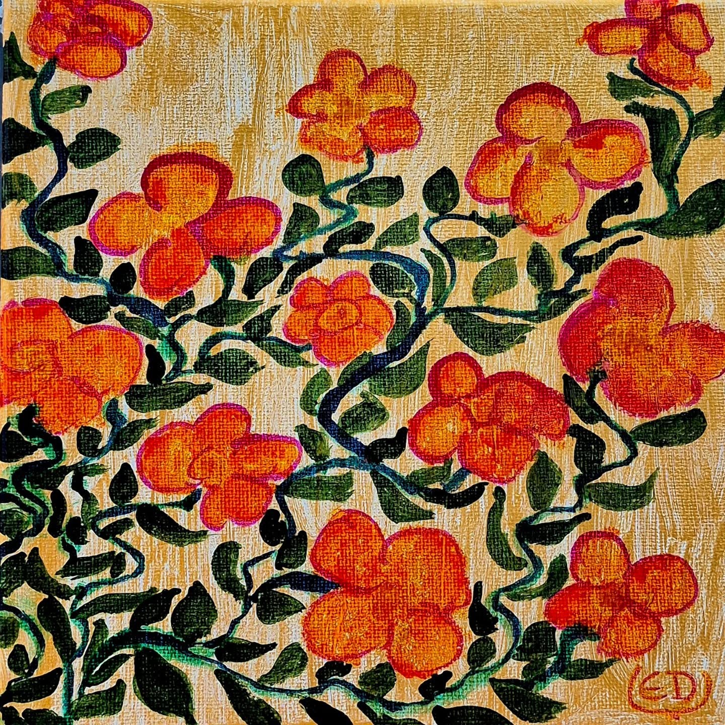 Fleurs orange sur fond or, encre à base de gomme laque sur châssis toilé, Eveline David-Valette