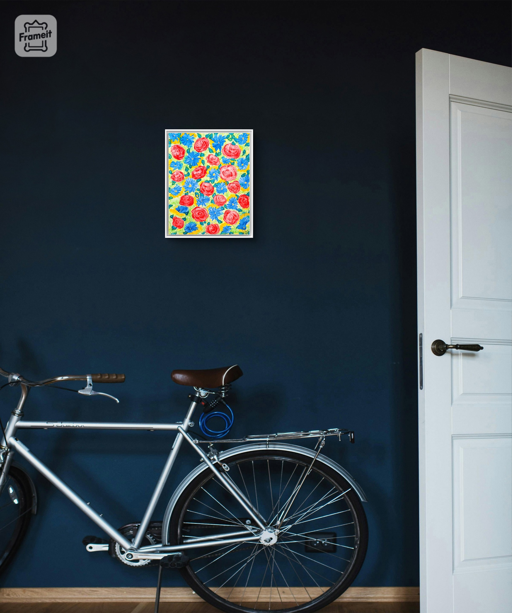 Roses rouges et fleurs bleues, dessin aquarellé contemporain, Eveline David-Valette