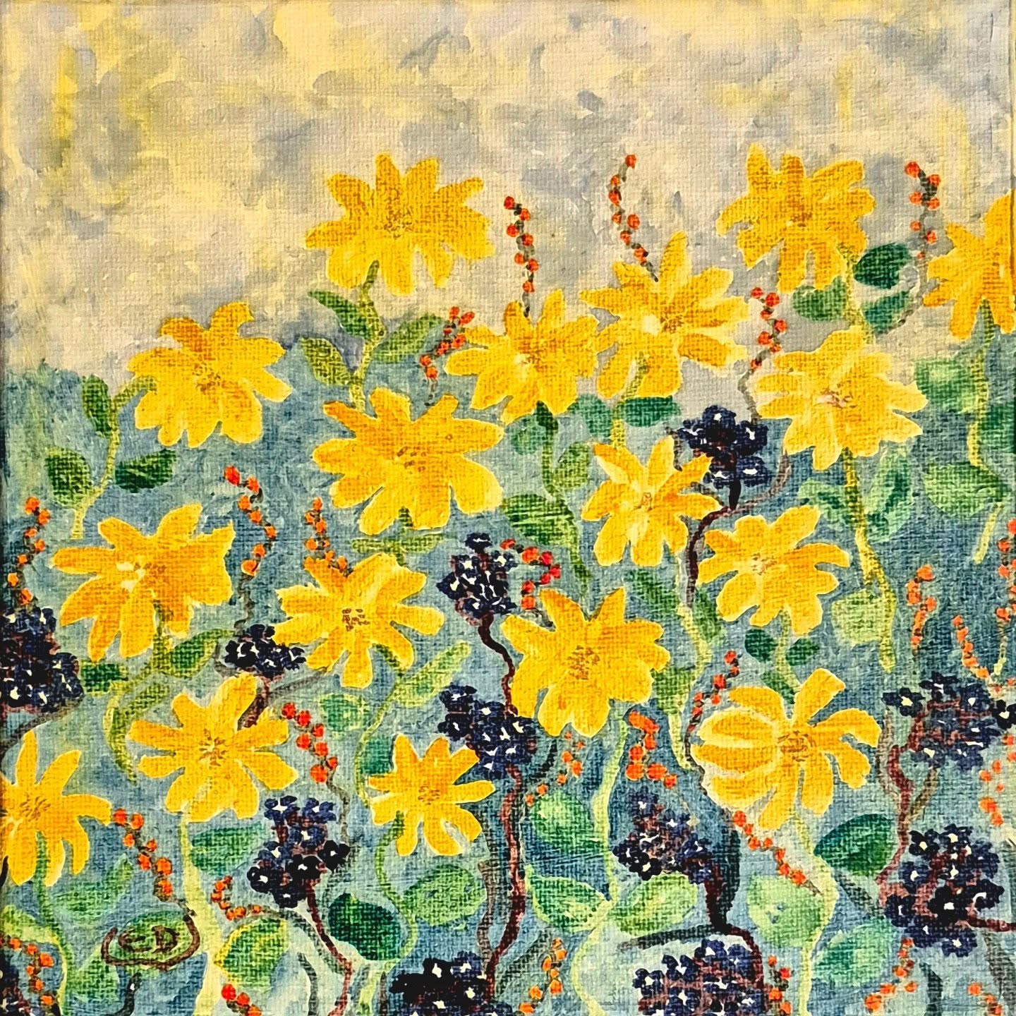 Fleurs jaunes, encre à base de gomme laque sur châssis toilé, Eveline David-Valette