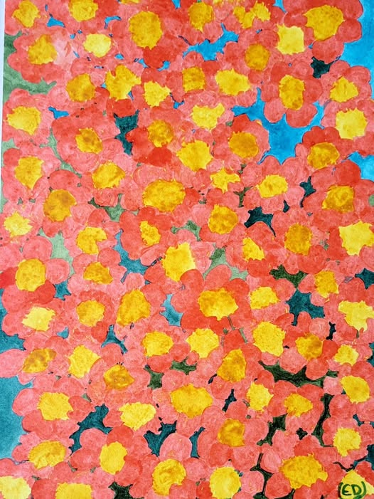 Profusion de fleurs entre ciel et terre, encre à base de gomme laque sur papier aquarelle, Eveline David-Valette