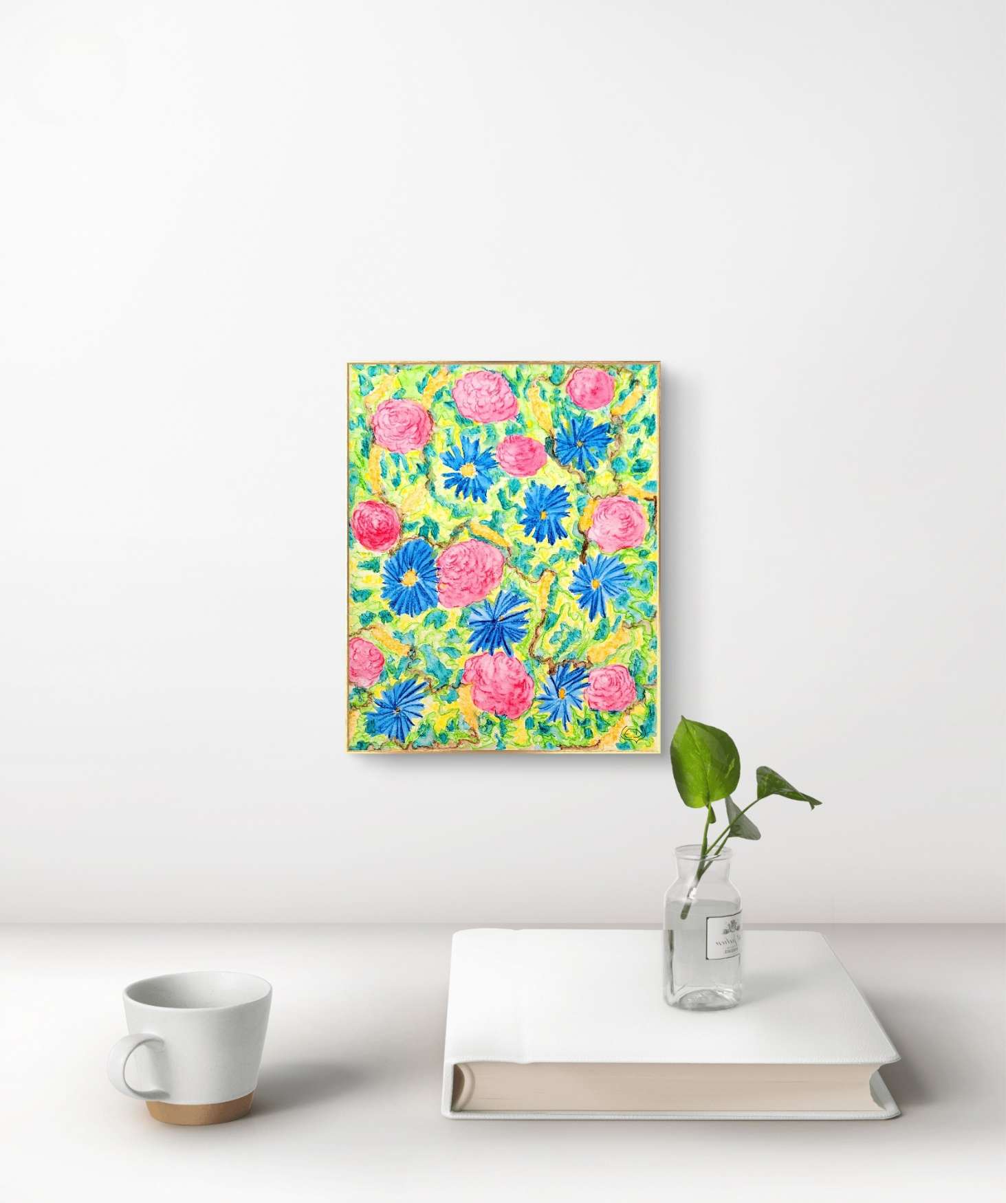 Fleurs roses et bleues, dessin aquarellé contemporain, Eveline David-Valette