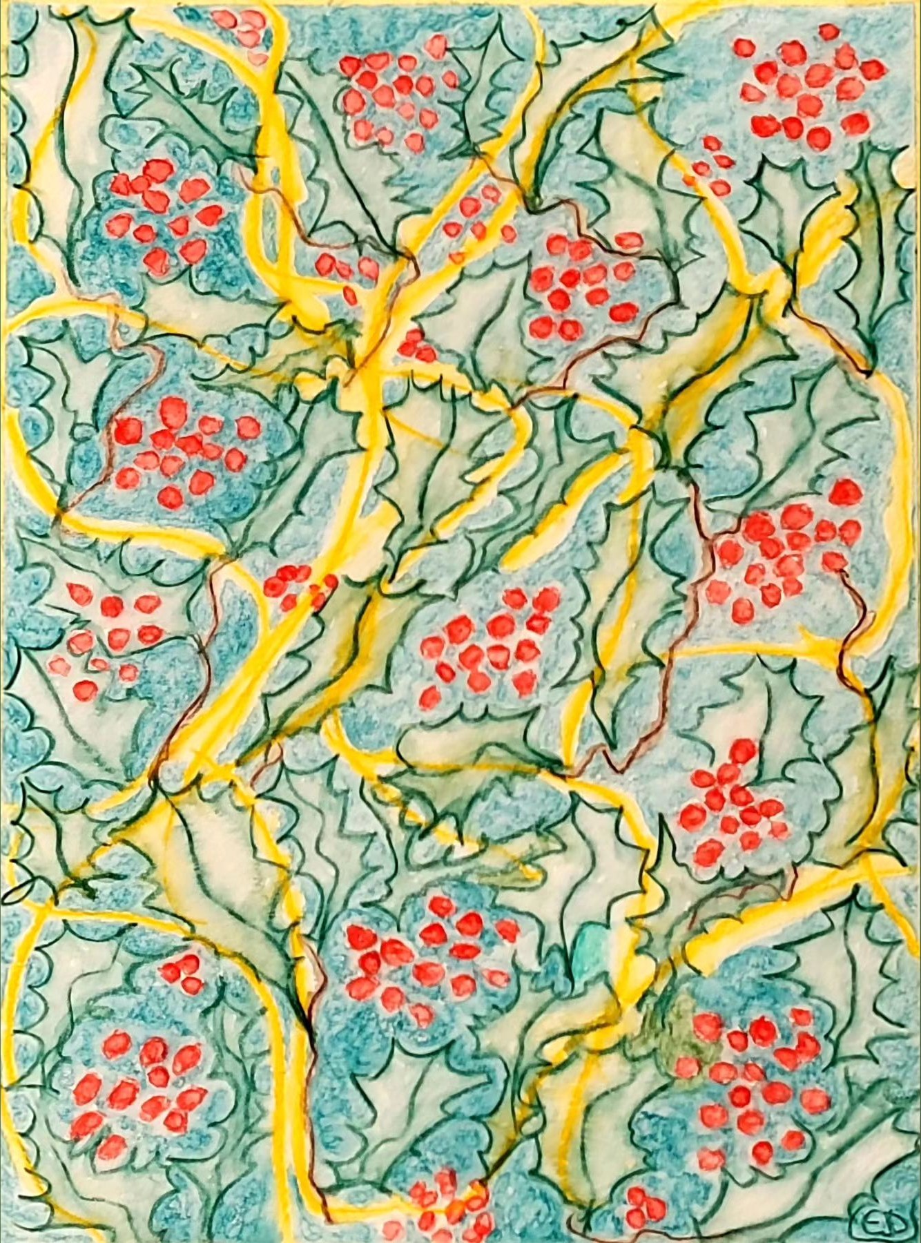 "Joyeuses Fêtes !", dessin aquarellé contemporain, Eveline David-Valette