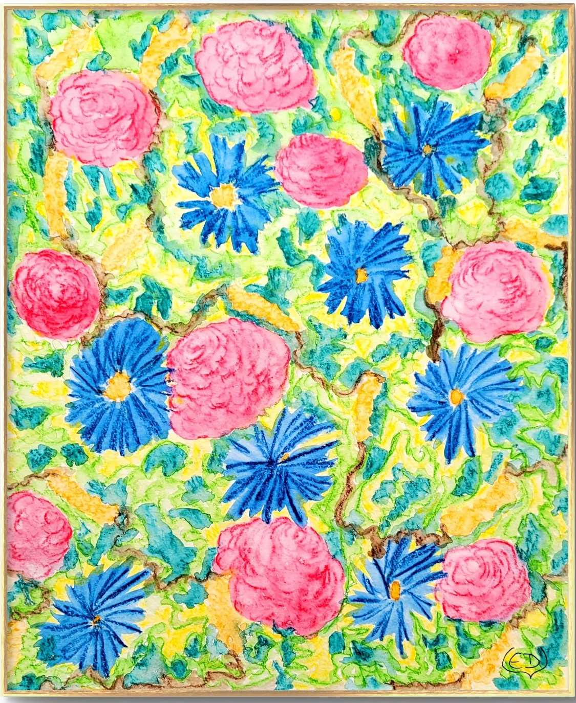 Fleurs roses et bleues, dessin aquarellé contemporain, Eveline David-Valette