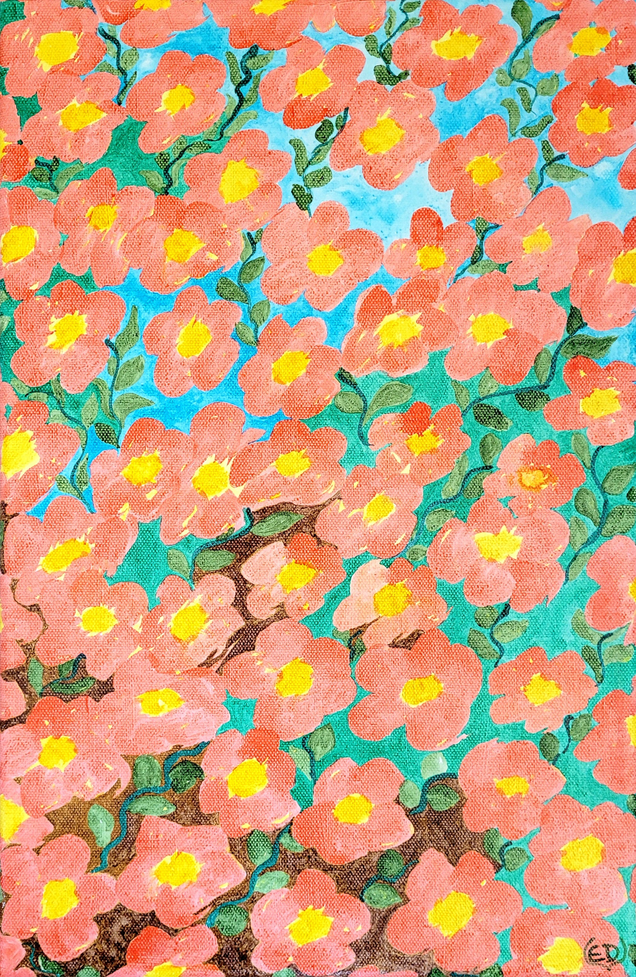 Fleurs entre terre et ciel, encre à base de gomme laque sur châssis toilé, Eveline David-Valette