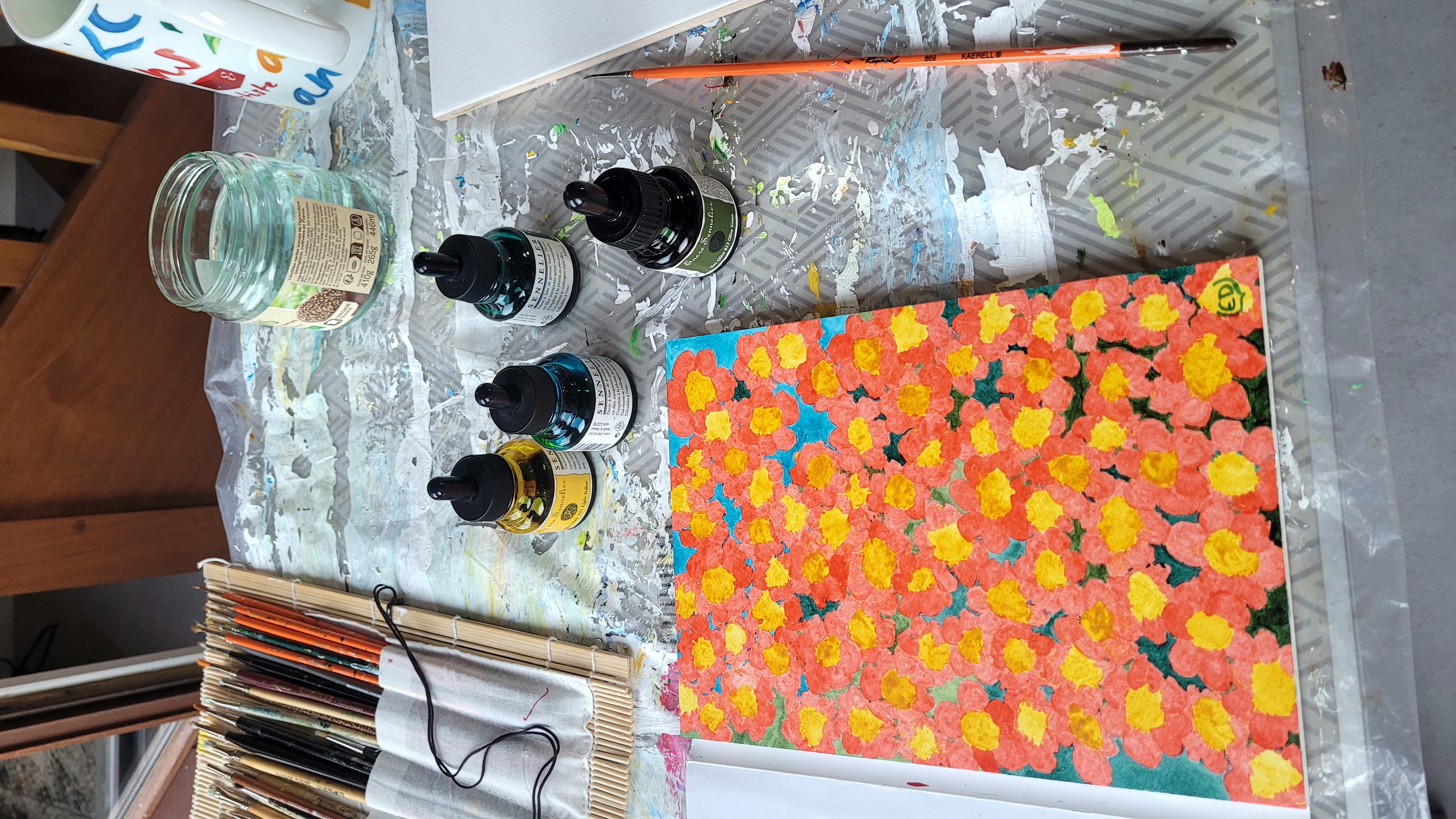 Profusion de fleurs entre ciel et terre, encre à base de gomme laque sur papier aquarelle, Eveline David-Valette