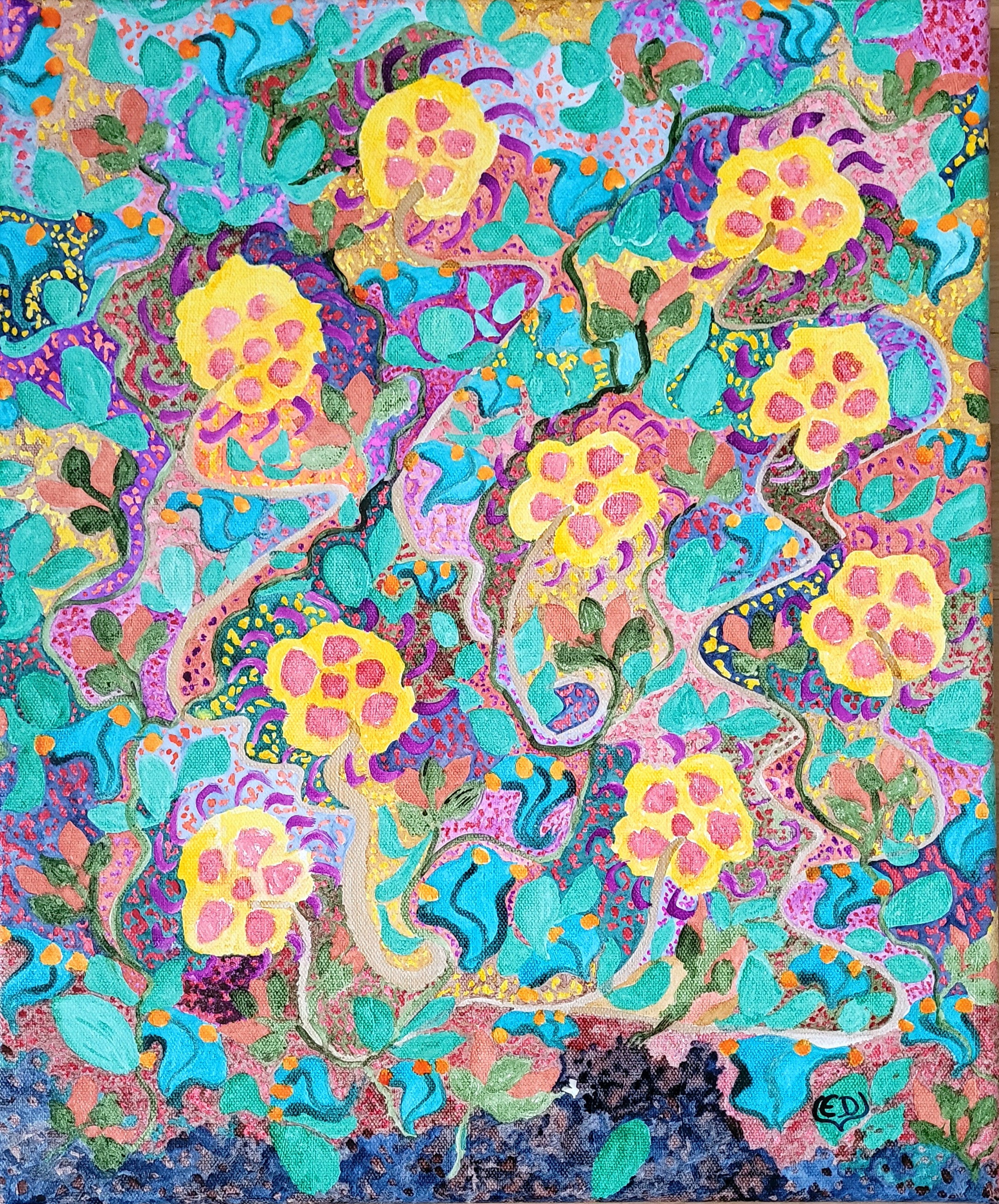 Fleurs fantastiques, encre à base de gomme laque sur châssis toilé, Eveline David-Valette