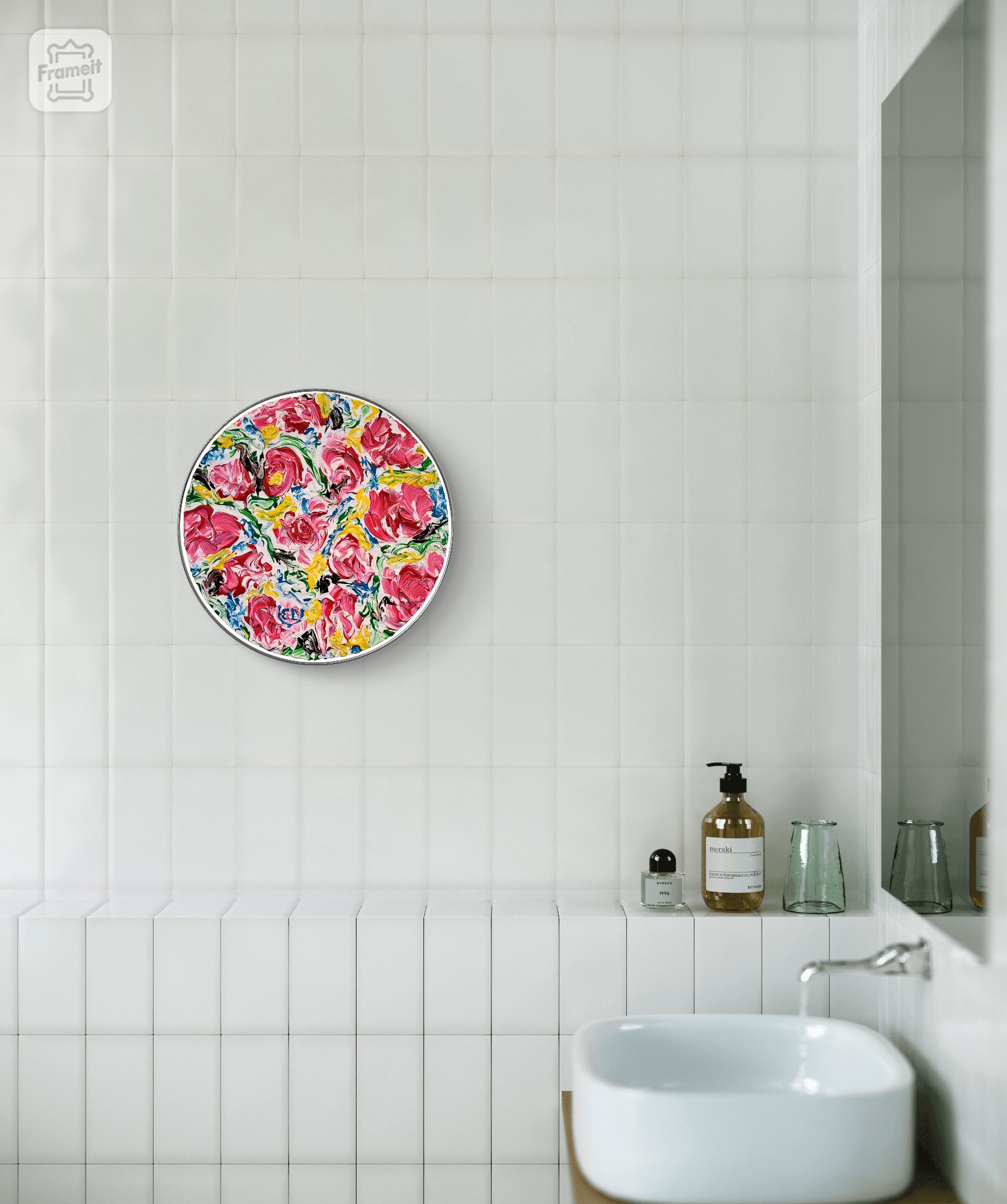 Roses n°3, format rond, diamètre 30 cm, peinture contemporaine, Eveline David-Valette