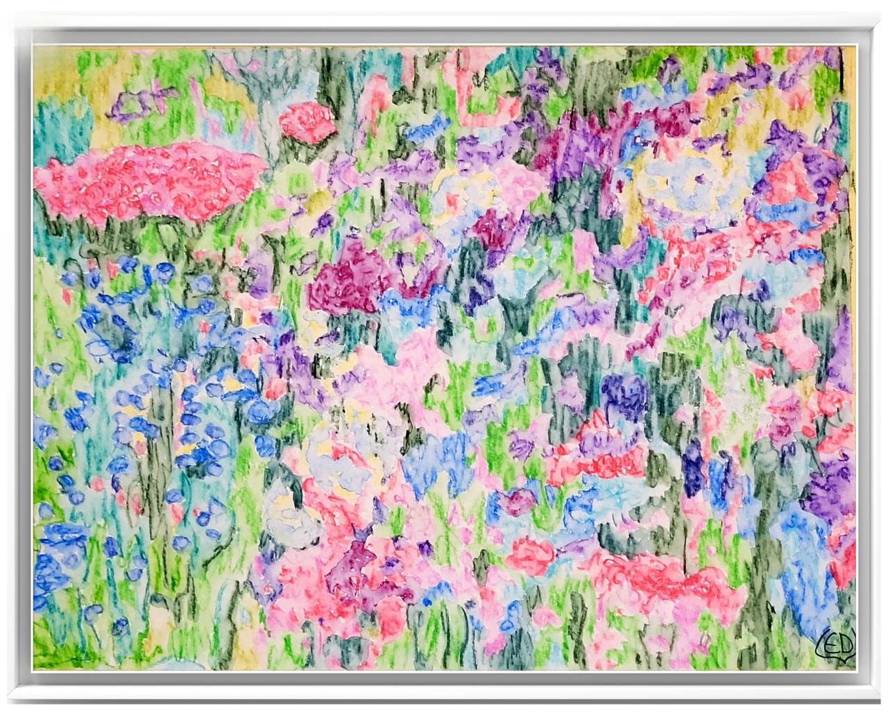 Fleurs en jachère, dessin aquarellé contemporain, Eveline David-Valette