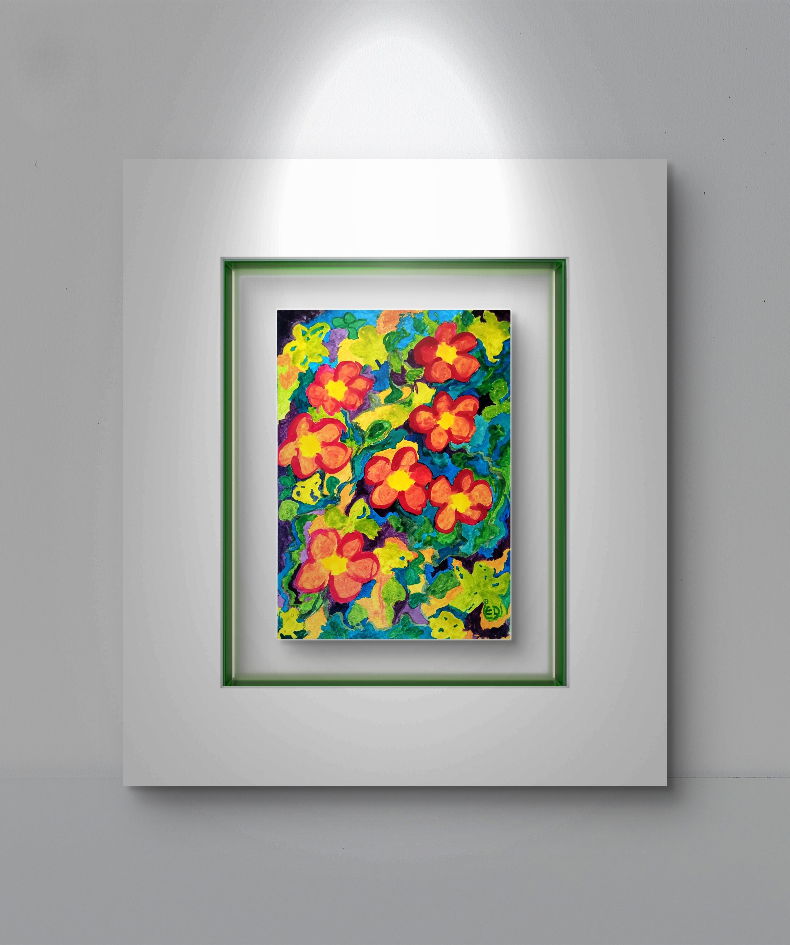 Sept fleurs rouges, encre de couleur acrylique sur papier aquarelle, Eveline David-Valette