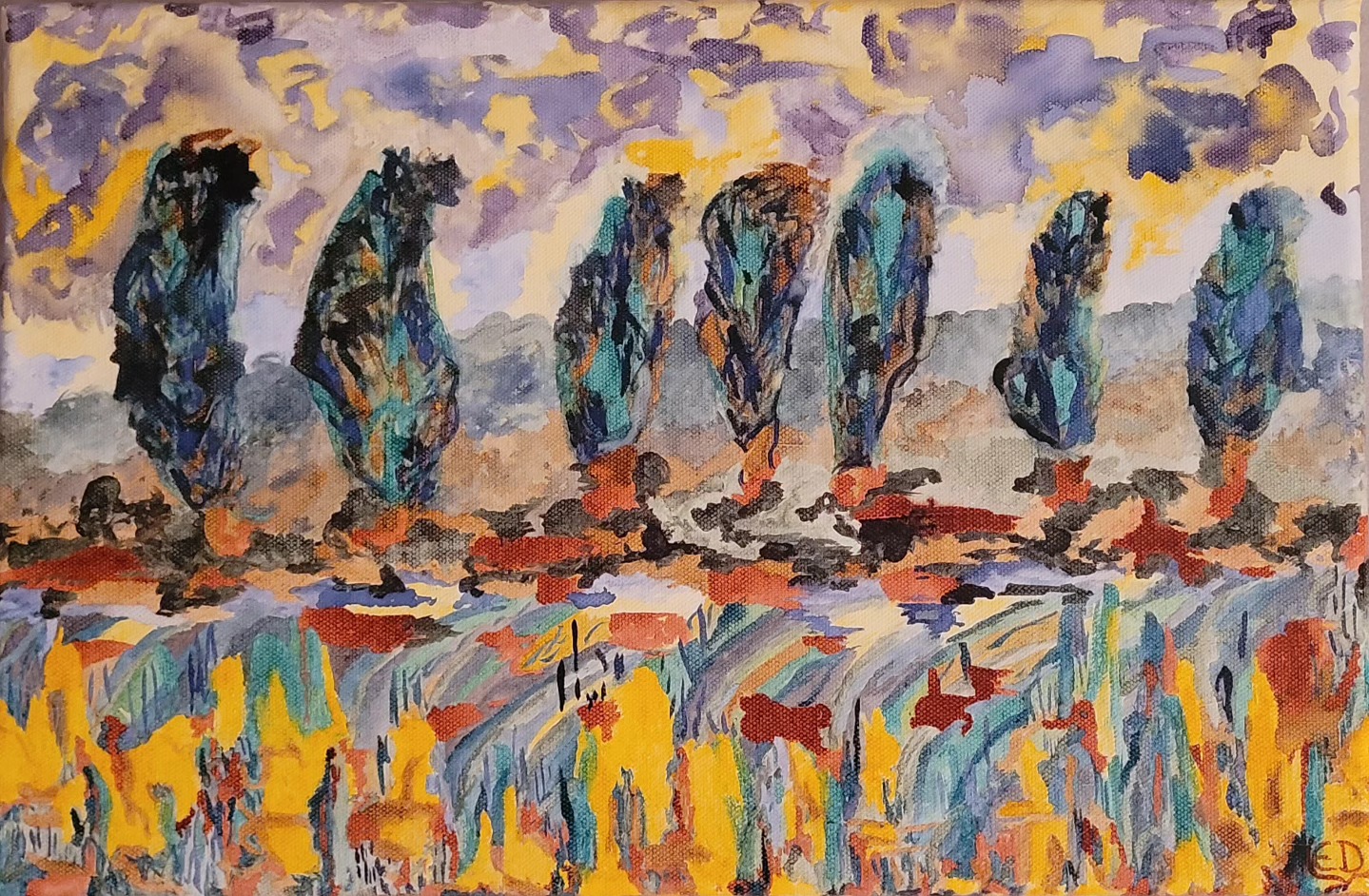 Peupliers dans le vent en Normandie, encre à base de gomme laque sur châssis toilé, Eveline David-Valette