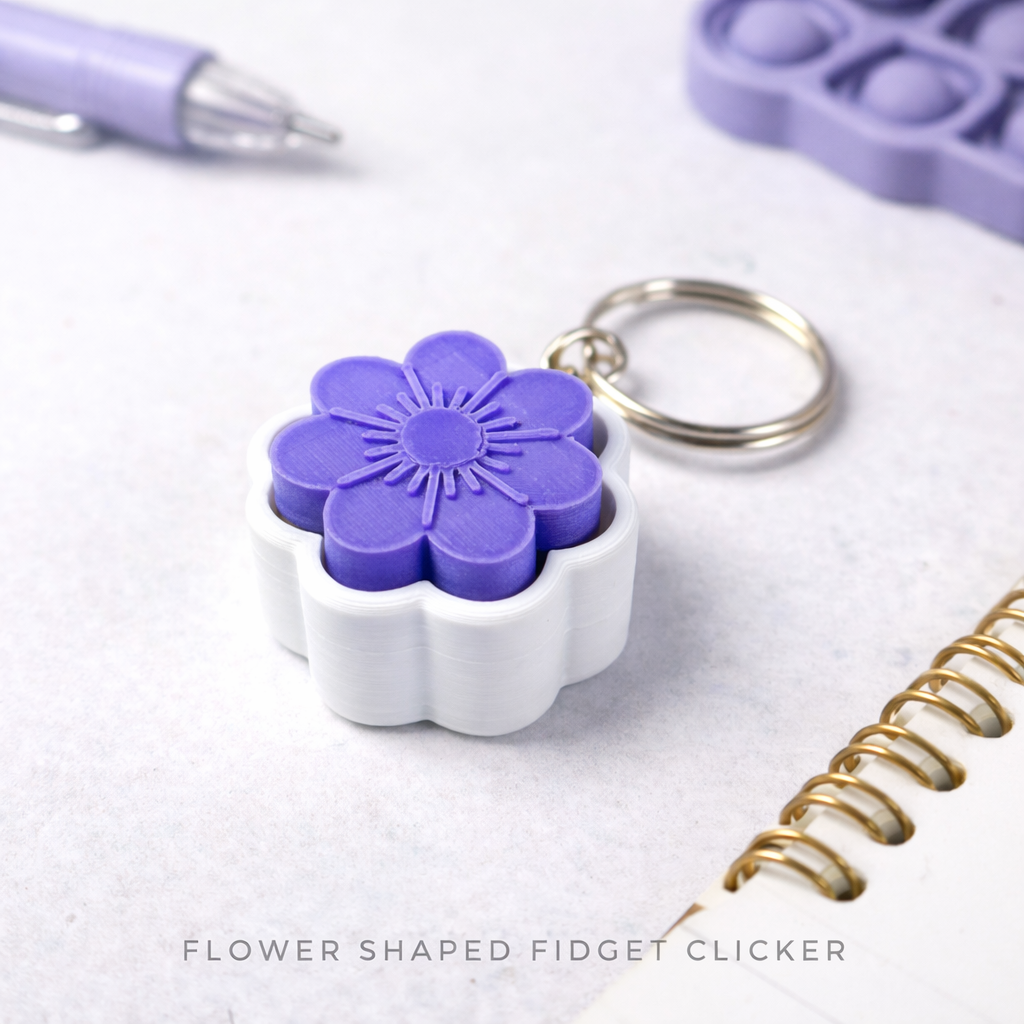 3D Printed Flower Shaped Fidget Clicker Keychain – Cute Clicky Stress Relief Toy