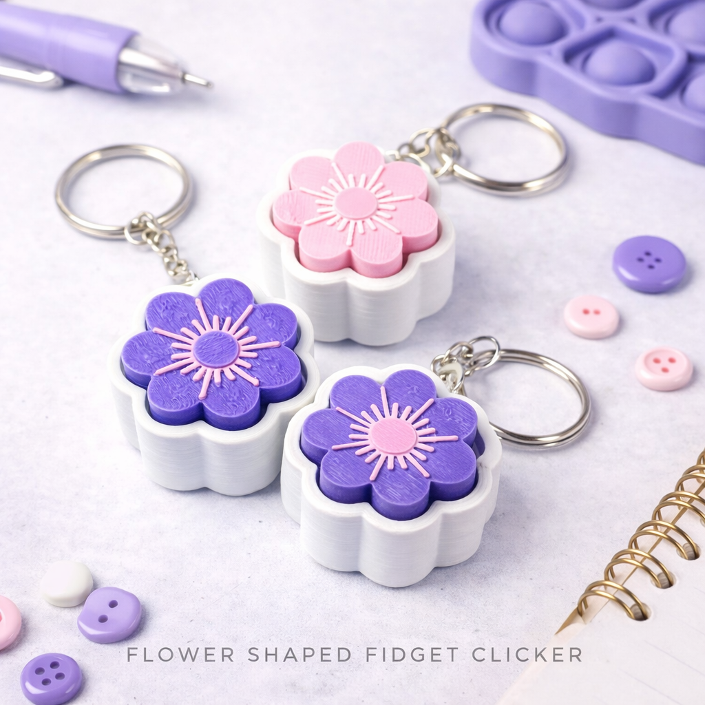3D Printed Flower Shaped Fidget Clicker Keychain – Cute Clicky Stress Relief Toy