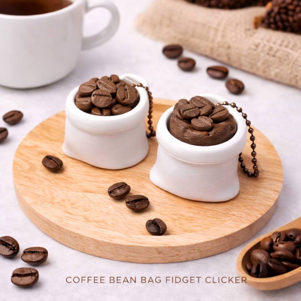 3D Printed Coffee Bean Bag Fidget Clicker Keychain – Clicky Stress Relief Coffee-Themed Toy