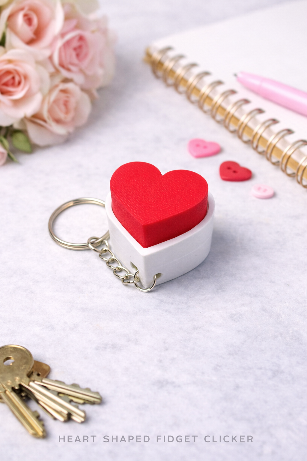 3D Printed Heart Shaped Fidget Clicker Keychain – Clicky Stress Relief Toy & Cute Accessory