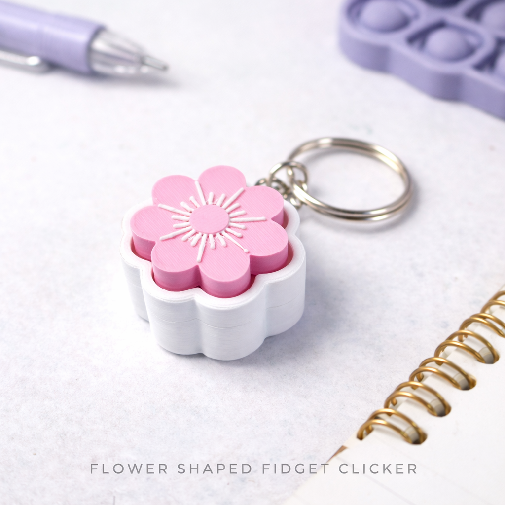 3D Printed Flower Shaped Fidget Clicker Keychain – Cute Clicky Stress Relief Toy