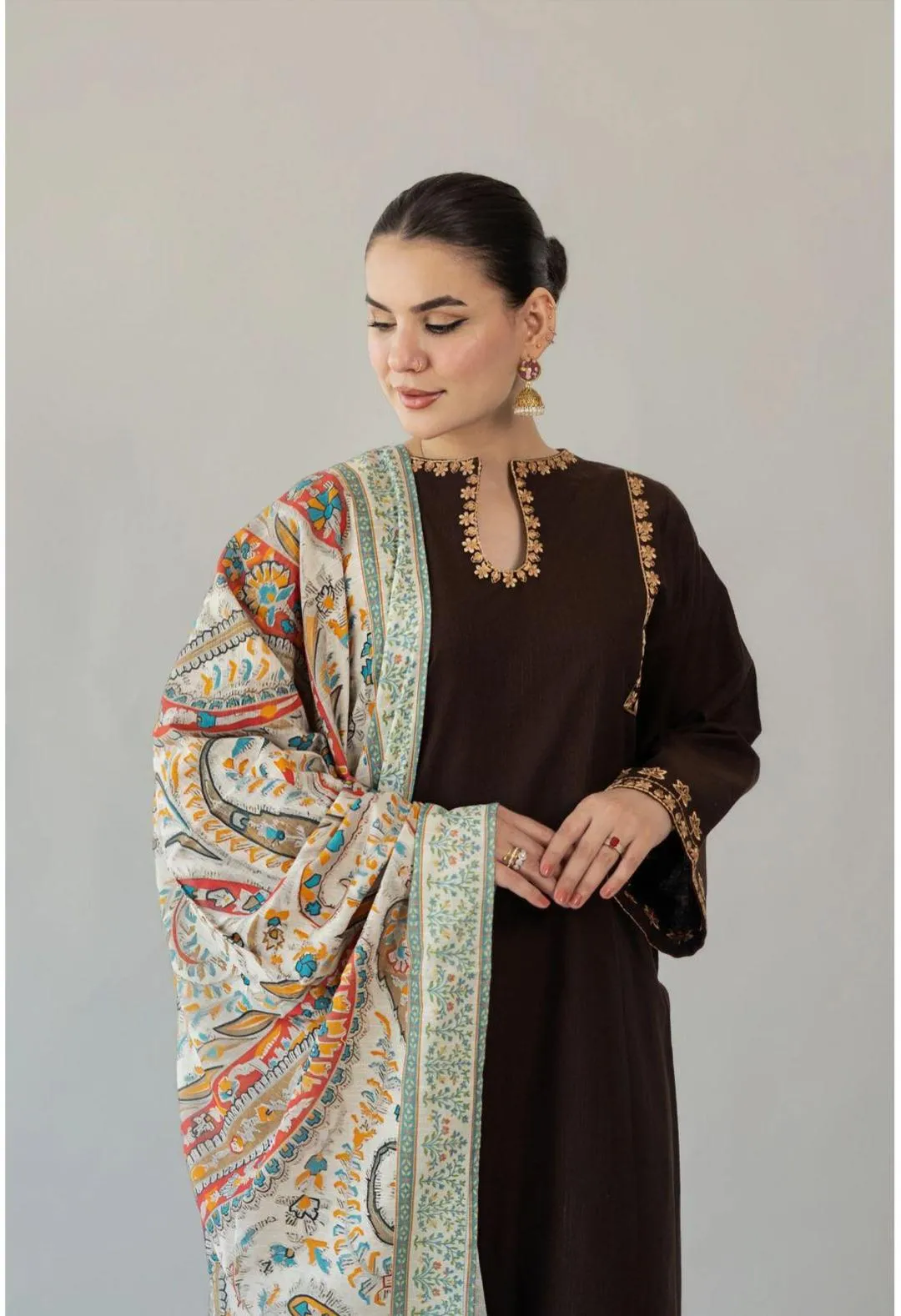 Brown Embroidered Lawn Suit - Digital Print Dobby Dupatta