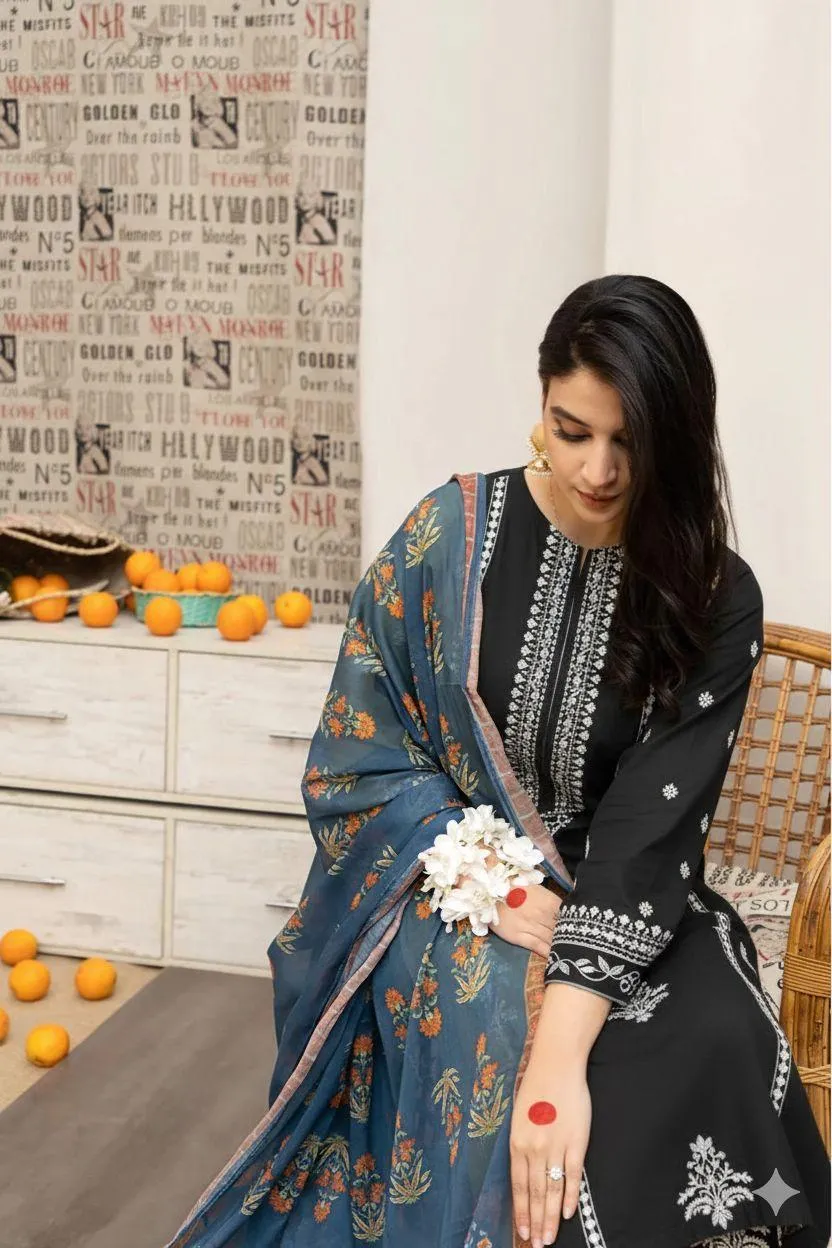 Black Embroidered Lawn Suit – 3 Piece
