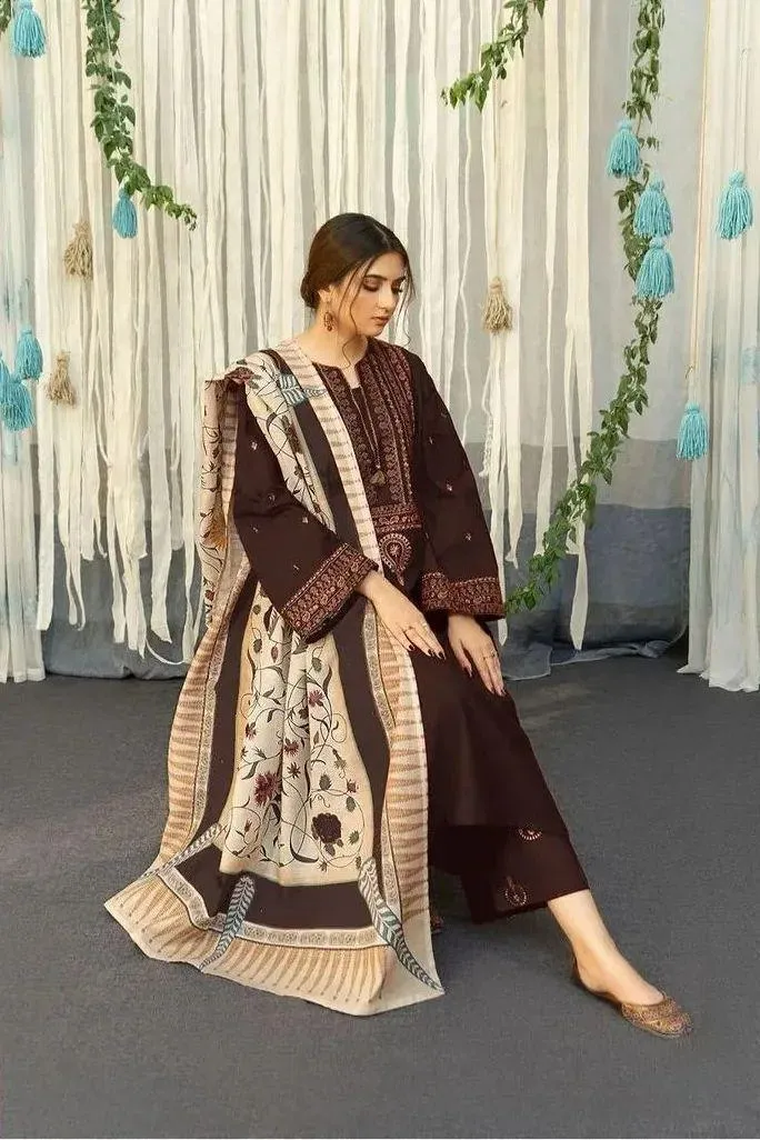 Brown Embroidered Lawn Suit - 3Pc