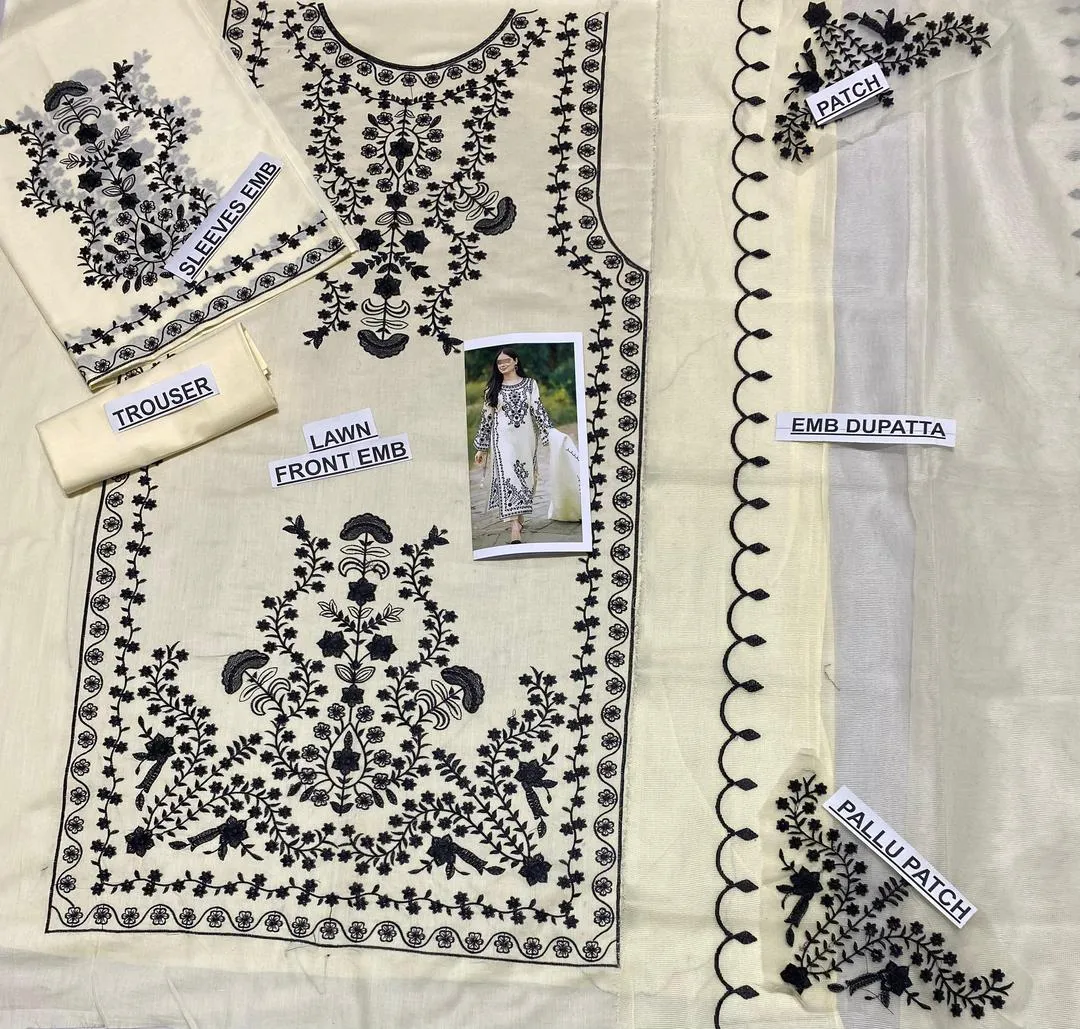 Off White Embroidered Lawn Suit - 3Pc with Khussa