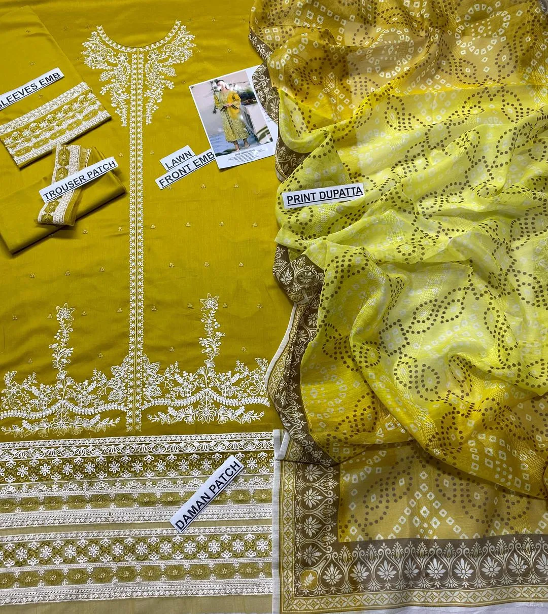 Mustard Embroidered Lawn Suit - Patch Work 3Pc