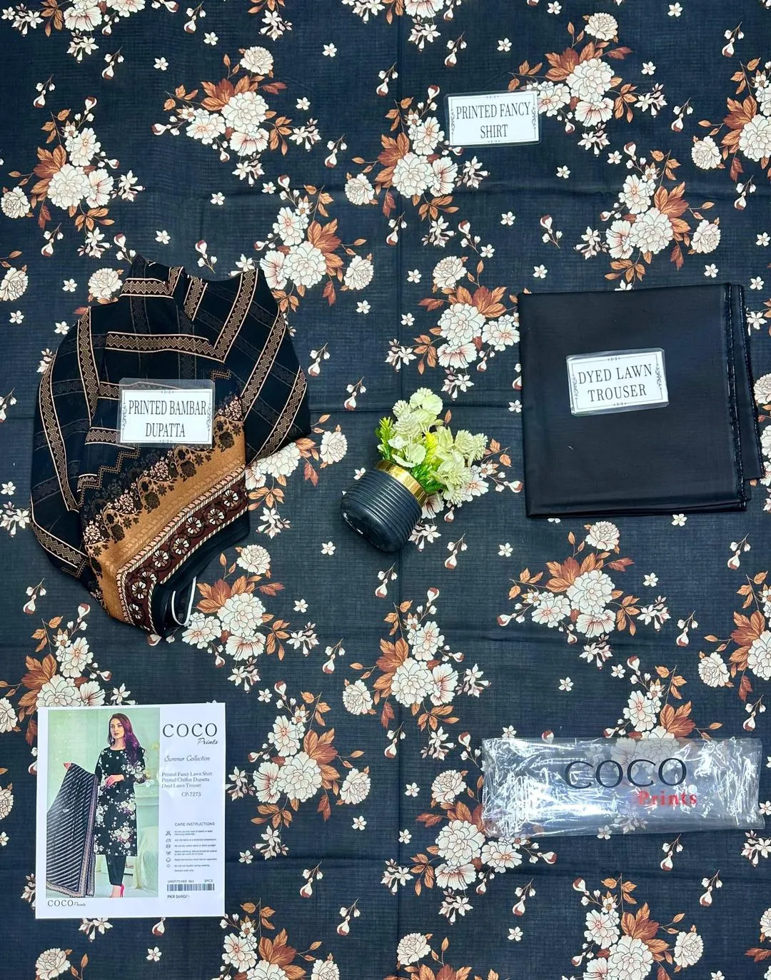 Blue Printed Dobby Lawn Suit - 3Pc with Bamber Dupatta