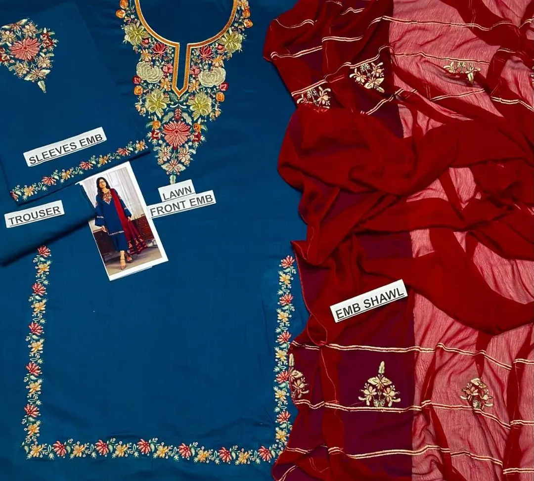 Blue Embroidered Lawn Suit - 3Pc
