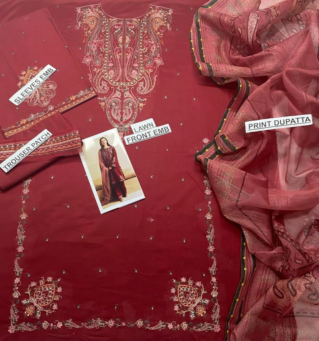 Maroon Embroidered Lawn Suit - Patch Work 3Pc