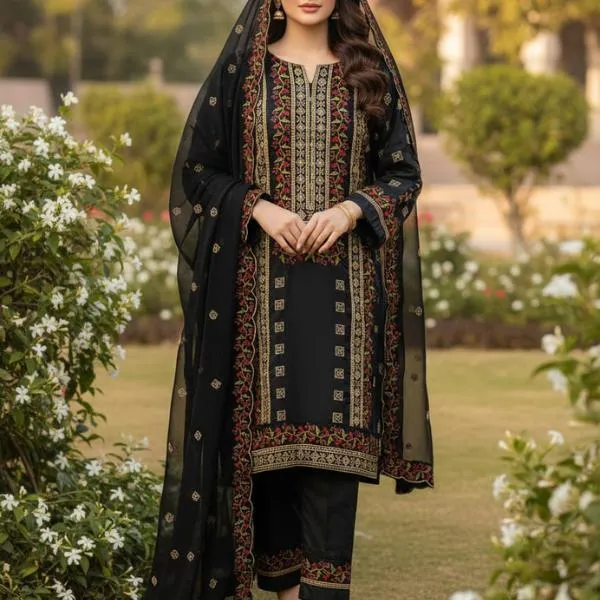 Black Embroidered Lawn Suit - Embroidered Trouser