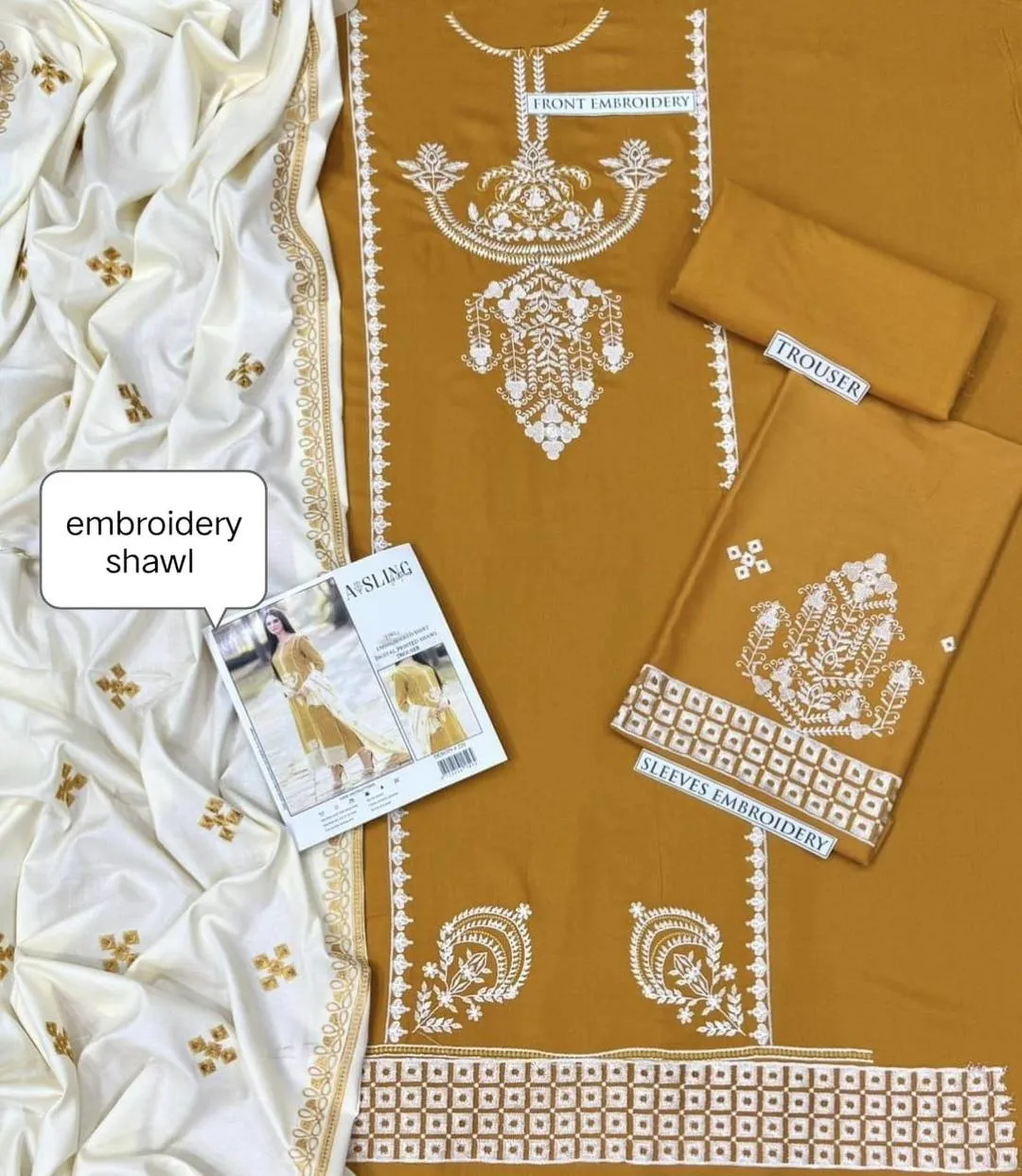 Golden Embroidered Lawn Suit - 3Pc