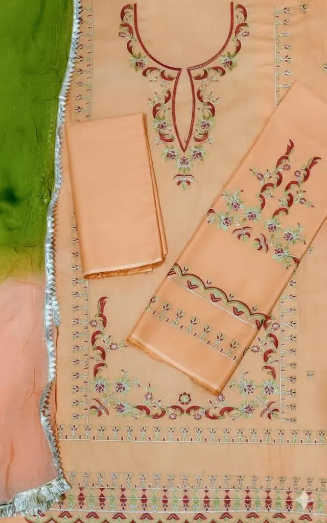 Peach Embroidered Lawn Suit - Gota Work Dupatta