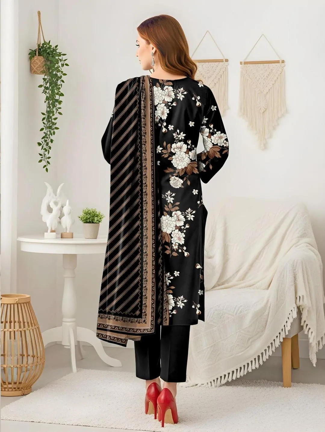 Blue Printed Dobby Lawn Suit - 3Pc with Bamber Dupatta