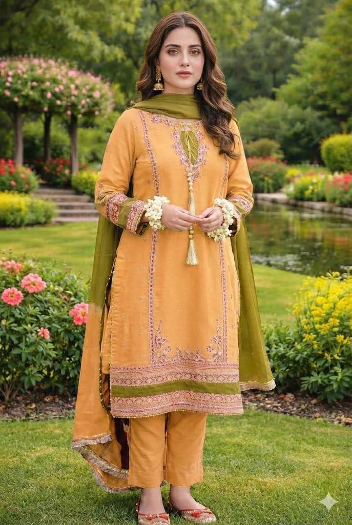Peach Embroidered Lawn Suit - Gota Work Dupatta