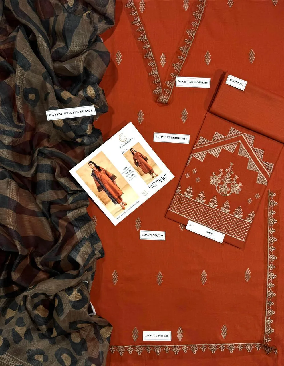 Brown Embroidered Lawn Suit - Elegant 3Pc Unstitched