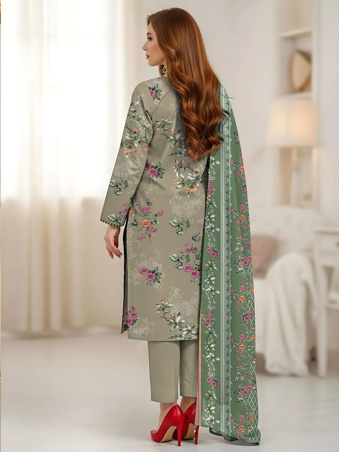 Green Printed Dobby Lawn Suit - 3Pc with Bamber Dupatta