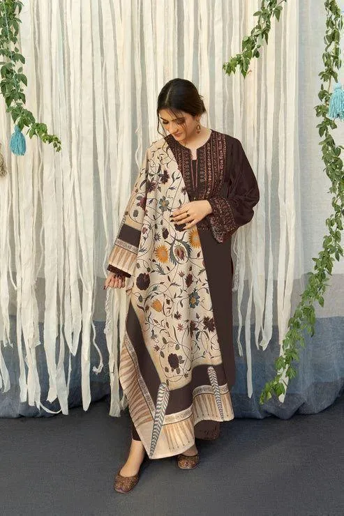 Brown Embroidered Lawn Suit - 3Pc