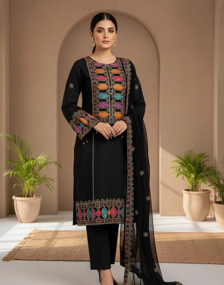 3 Pcs Women's Unstitched Embroidered Suit