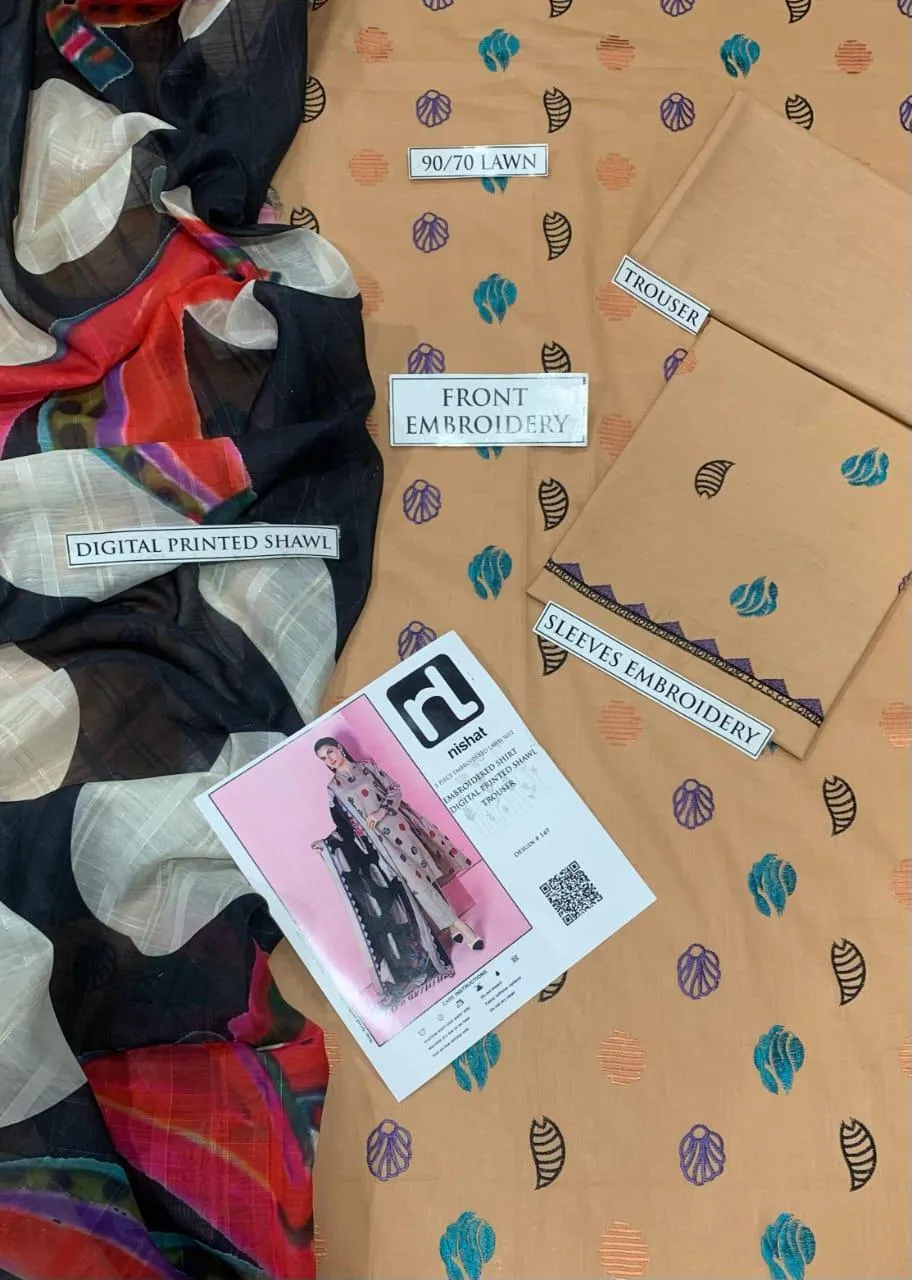 Beige Embroidered Lawn Suit - Digital Print Dobby Dupatta