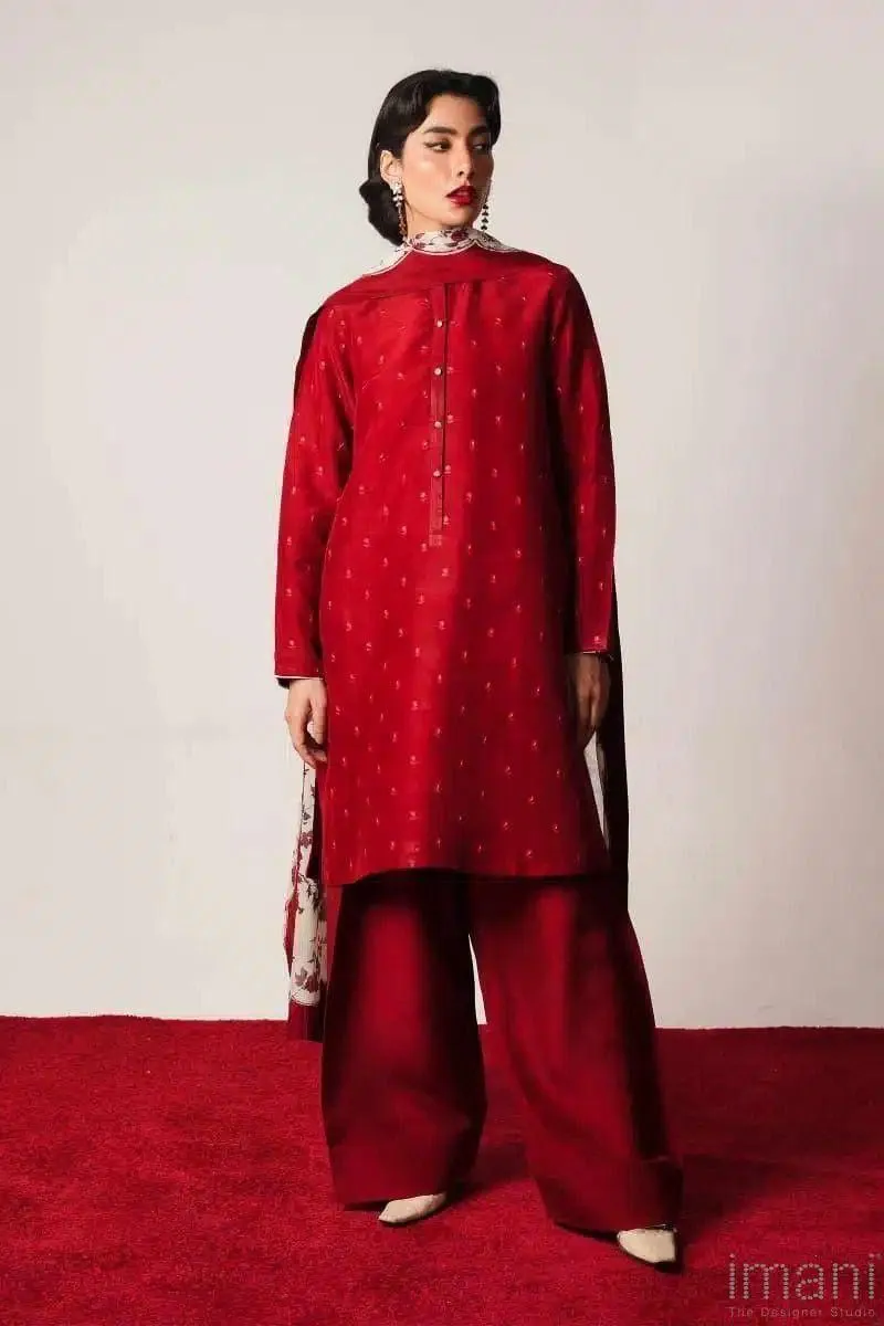 3 Piece Embroidered Red Lawn Suit