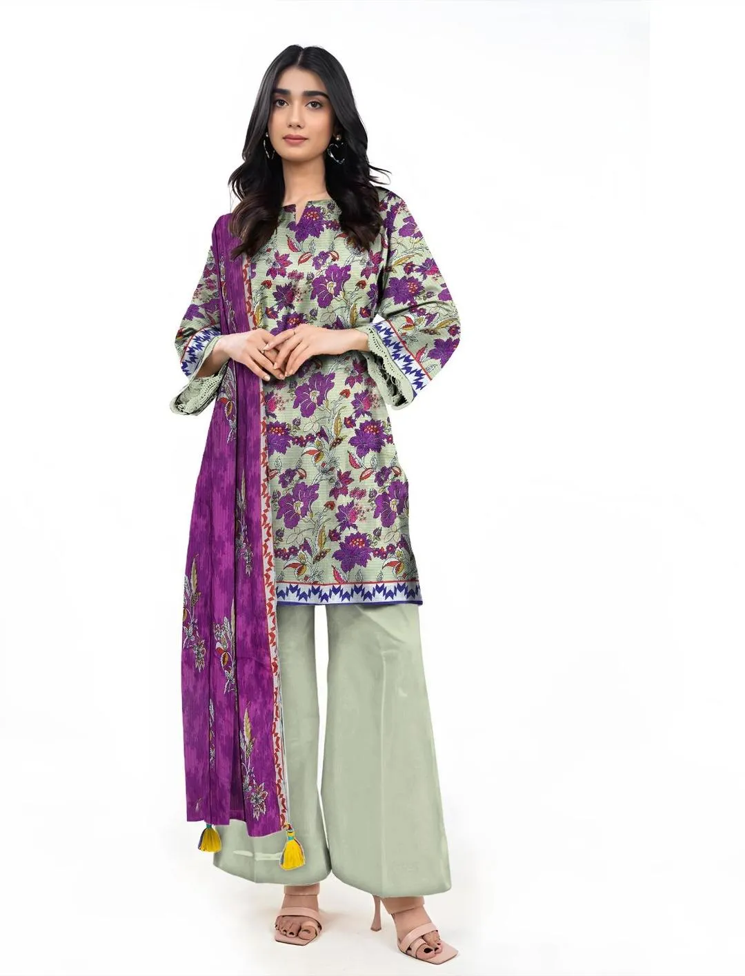 Green Printed Dobby Lawn Suit - 3Pc Unstitched