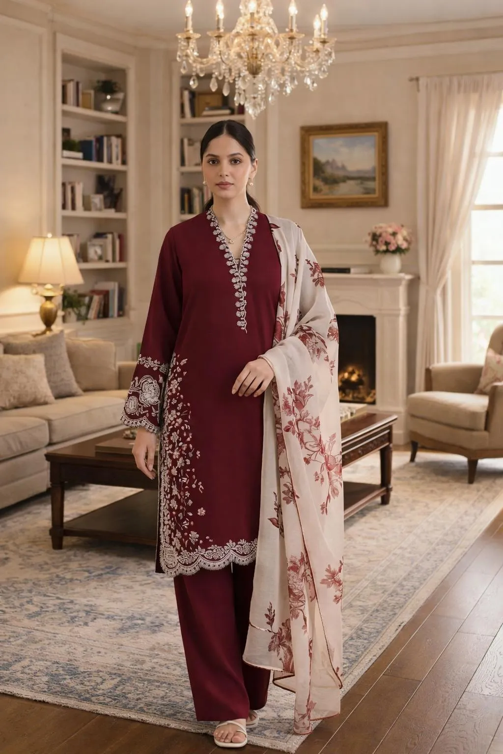 Maroon Embroidered Lawn Suit - 3Pc with Diamond Dupatta